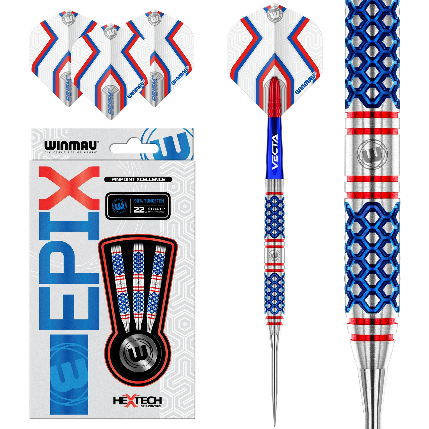 Winmau Epix Hextech darts with packaging on a white background