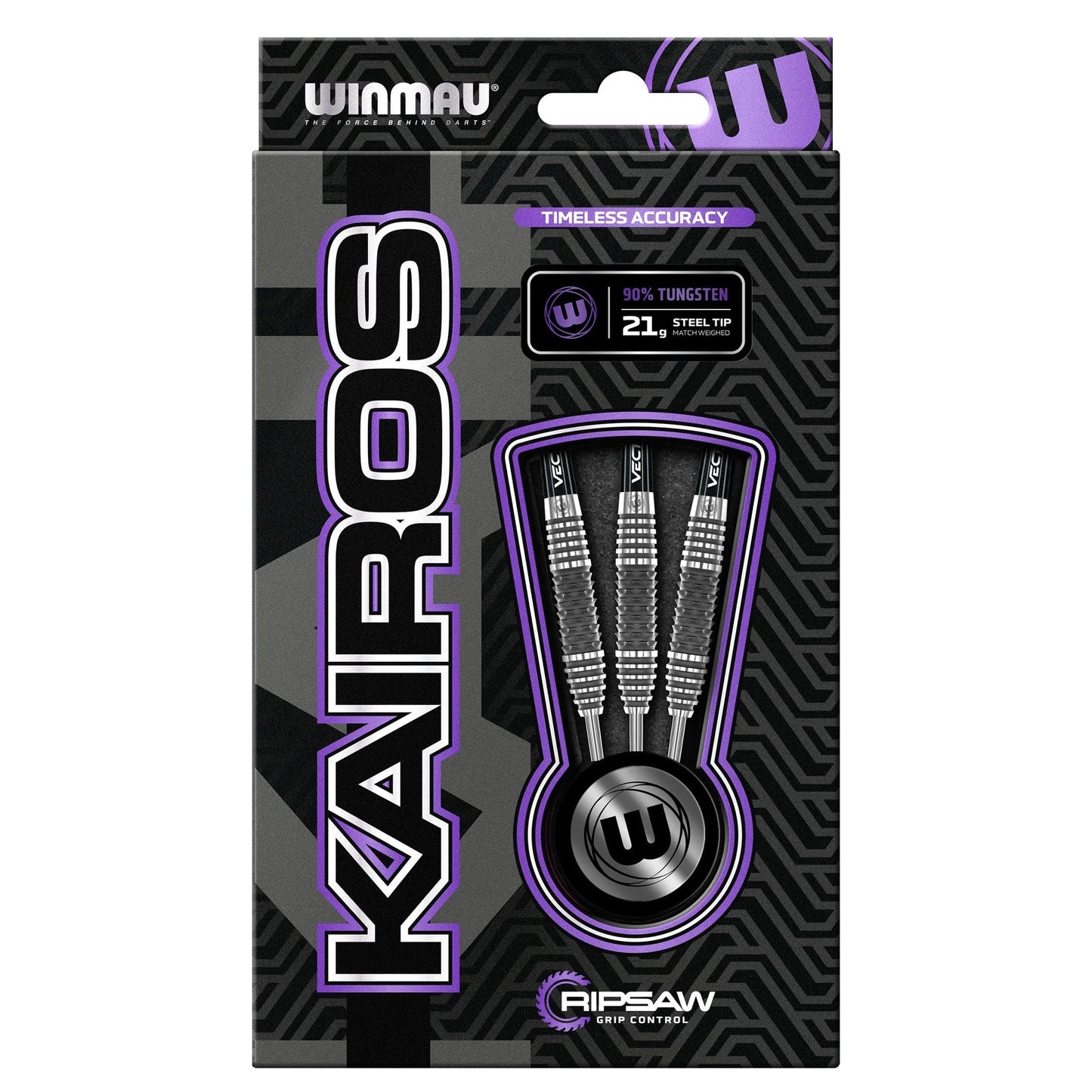 Winmau Kairos Ripsaw darts packaging with purple and black design.