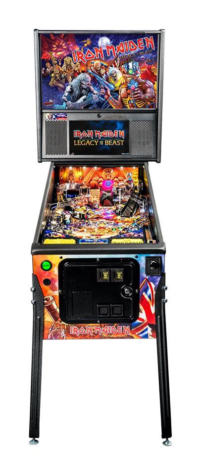 Pinball machine themed after Iron Maiden with colorful artwork and branding.