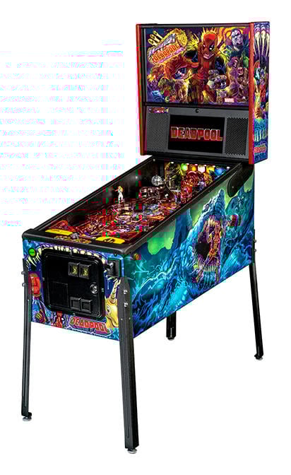 Colorful Deadpool pinball machine with vibrant graphics on a white background.