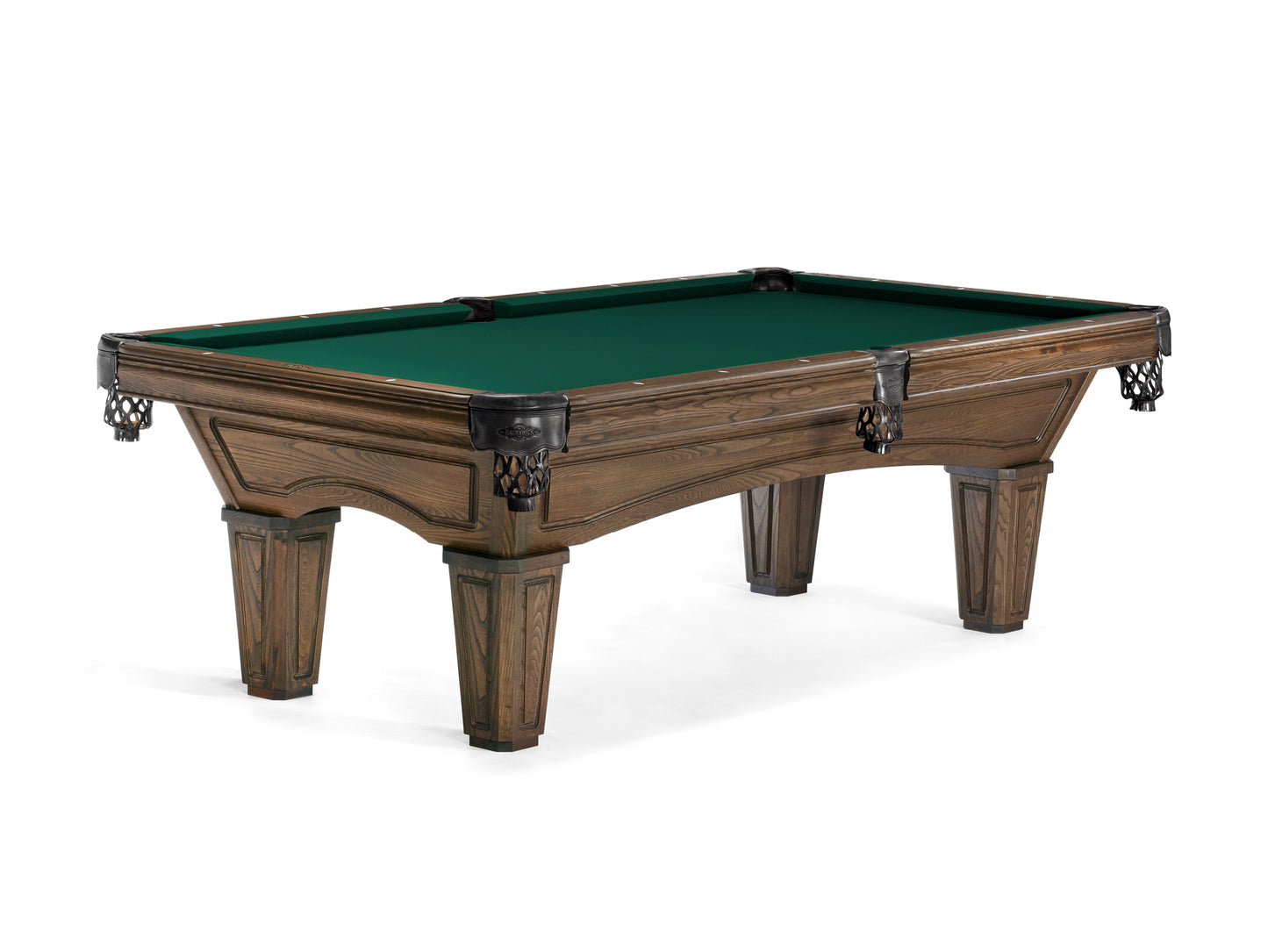 A traditional Brunswick Glenwood 7ft American Billiards table with tapered legs in a coffee color finish
