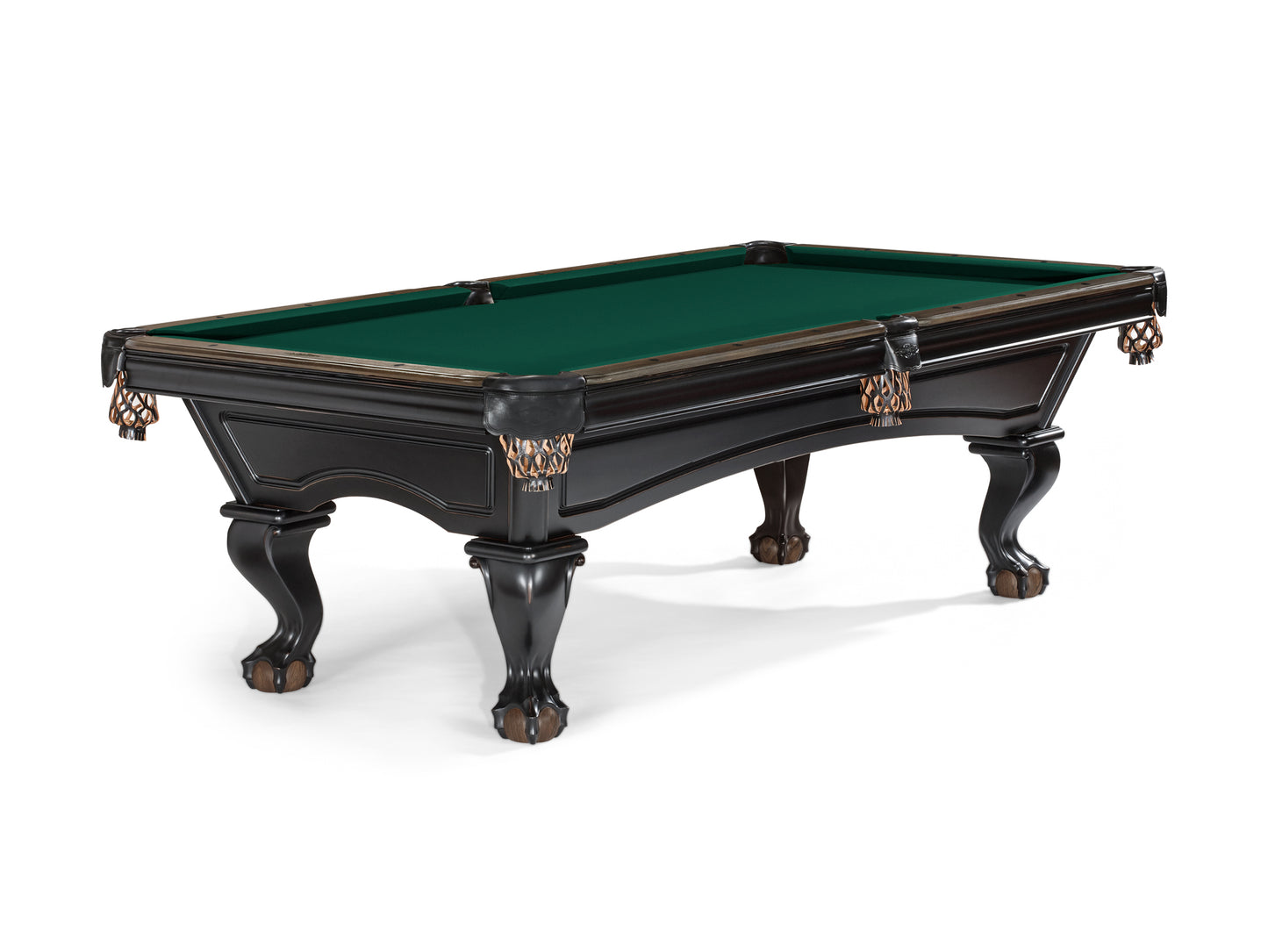 A traditional style Brunswick pool table with a black finish.