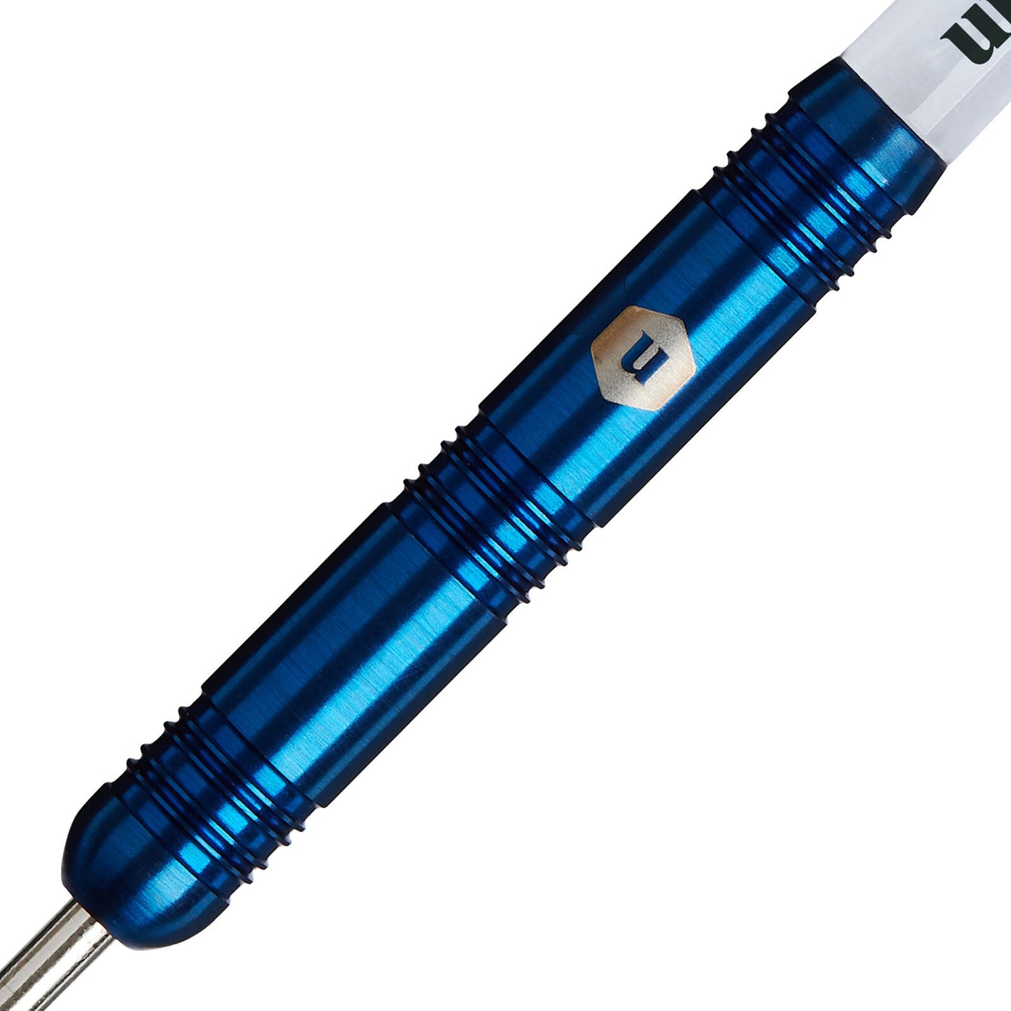 Blue dart shaft with a white top on a white background