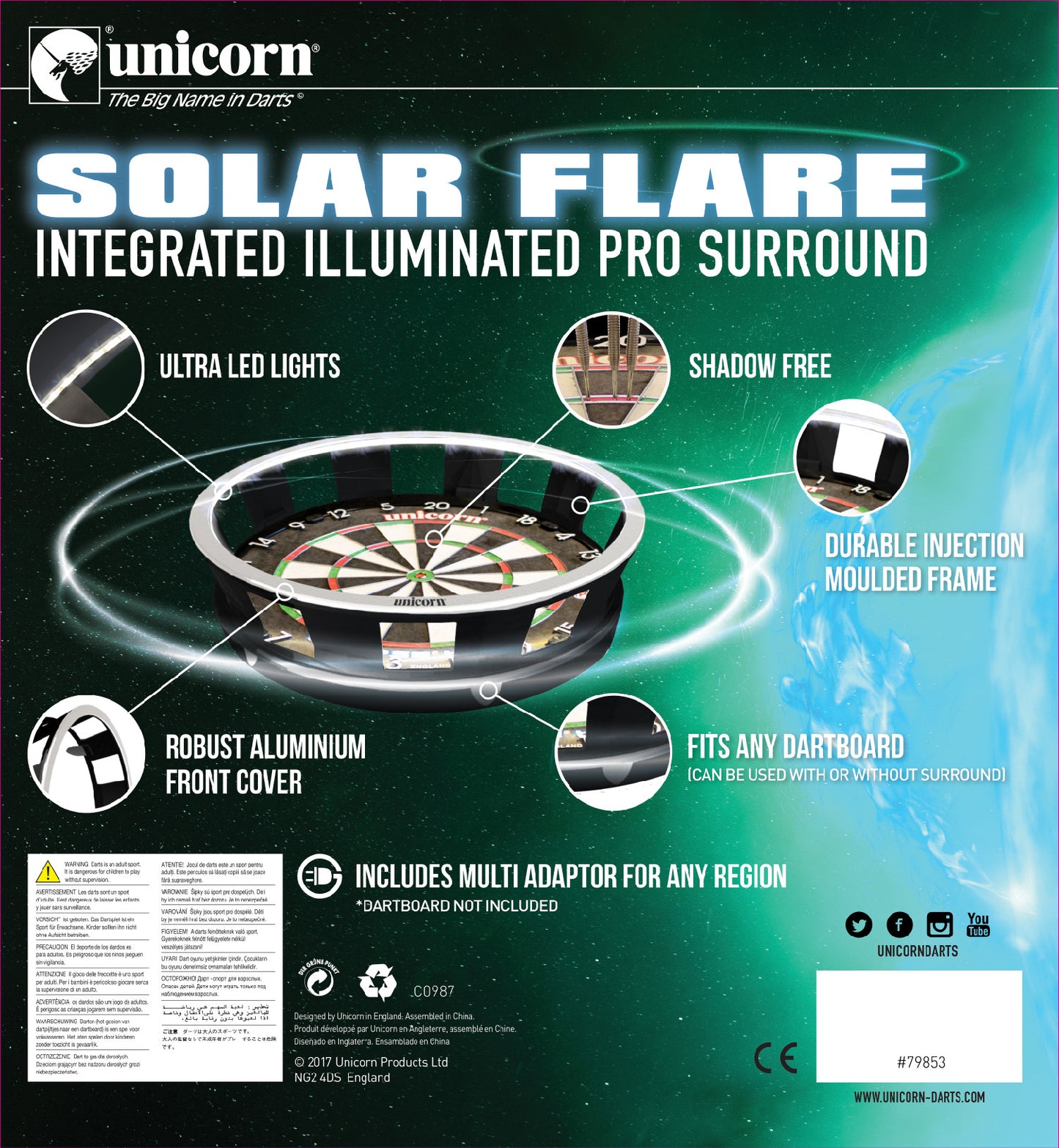 Unicorn Solar Flare dartboard surround packaging with features highlighted