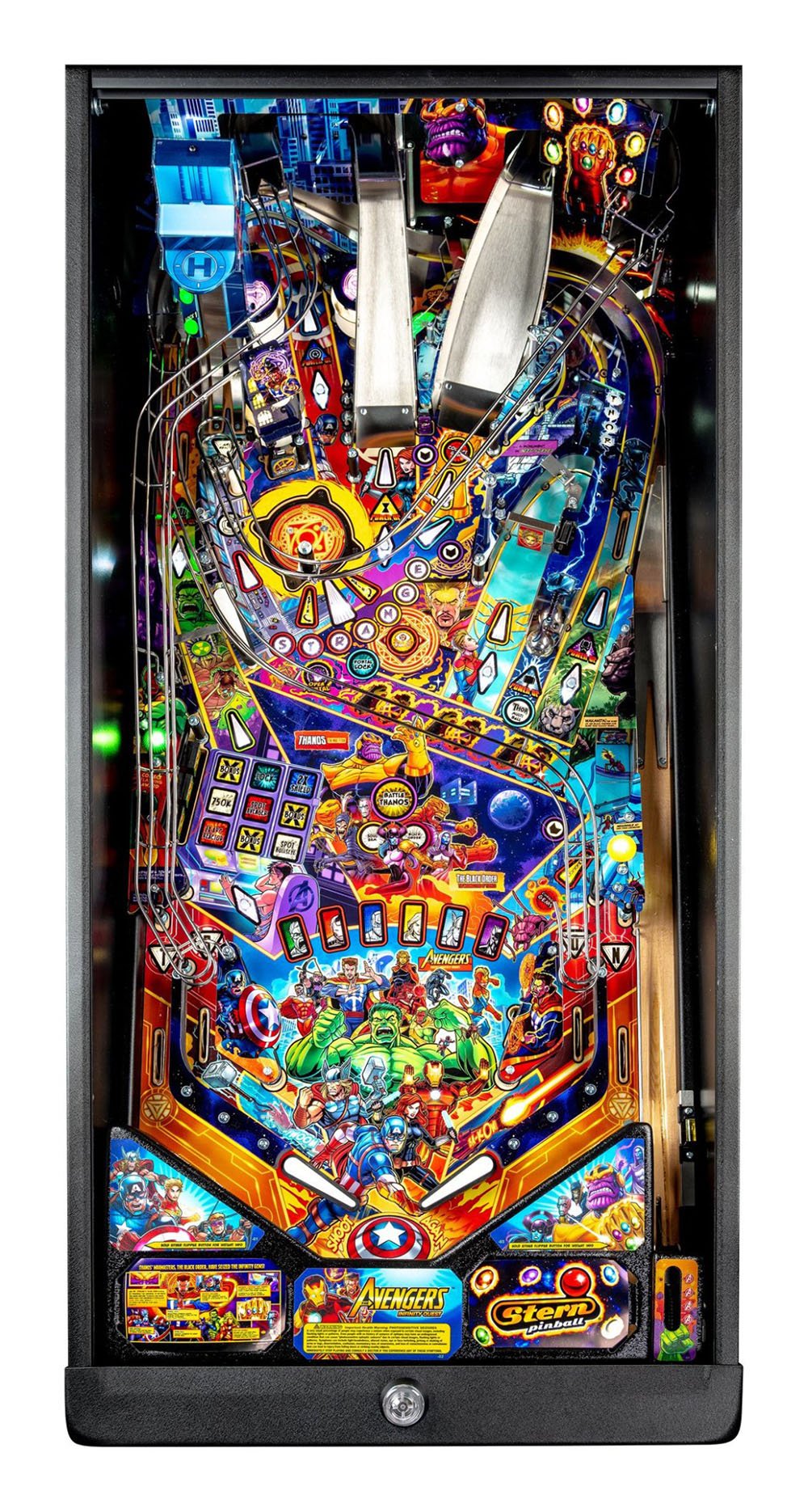 Colorful pinball machine with various symbols and lights on a black background