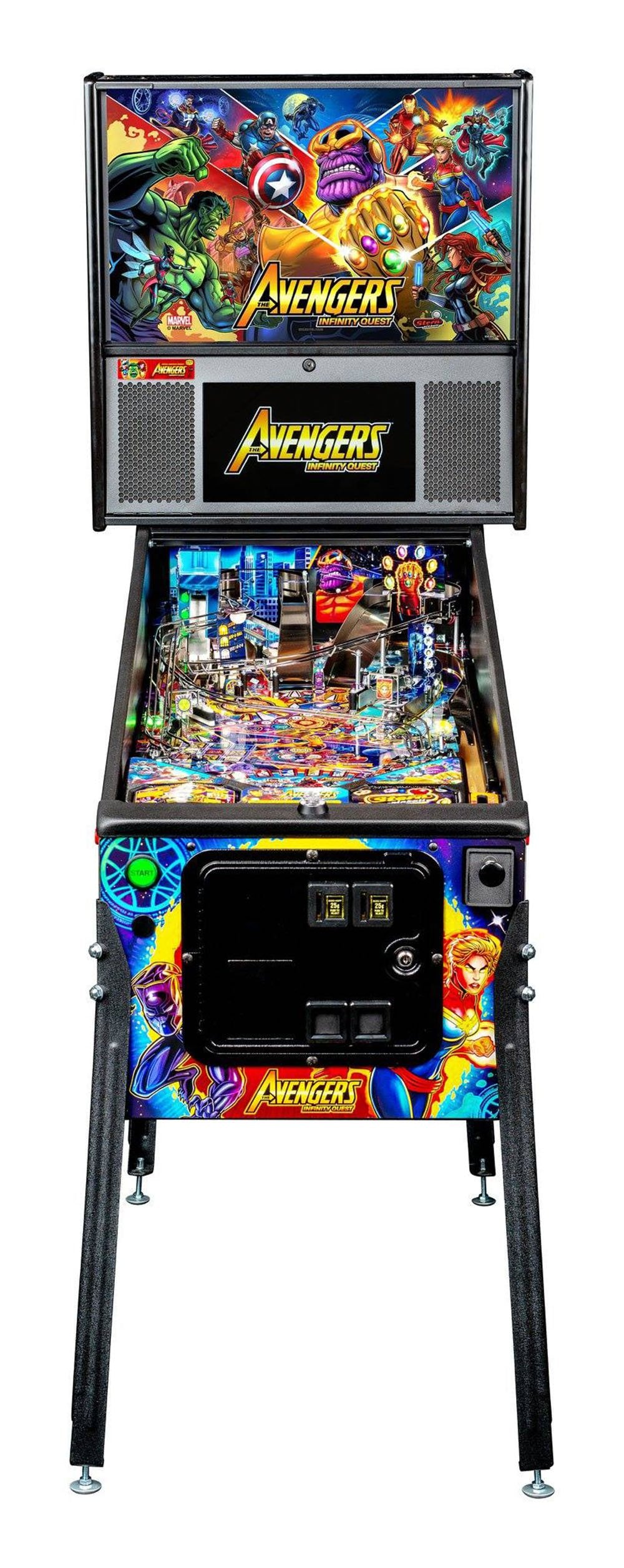 Avengers-themed pinball machine with colorful design and character graphics.