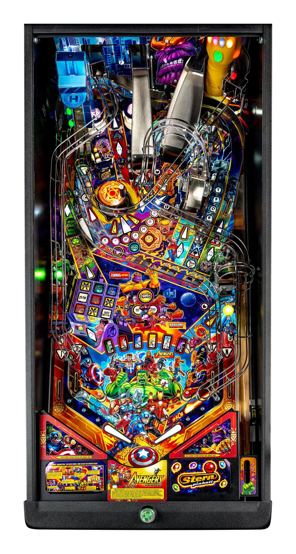 Colorful pinball machine with various lights and graphics on a black background