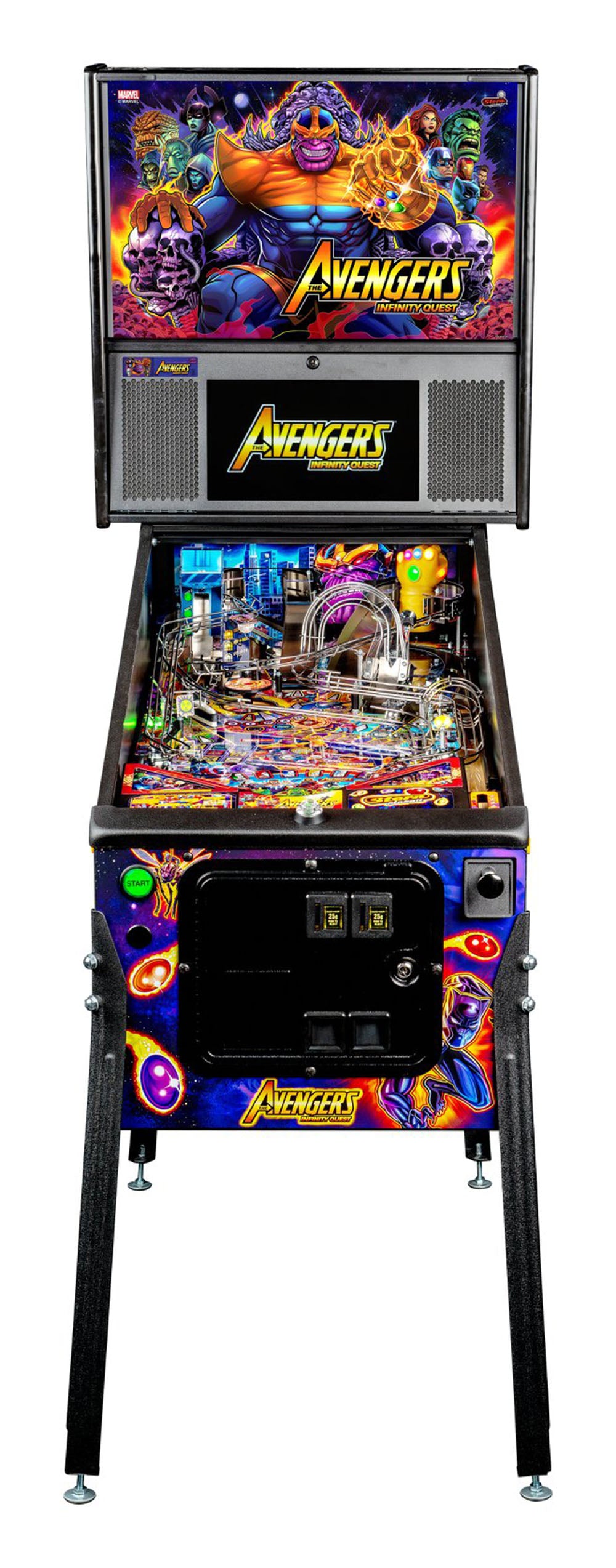 Pinball machine with 'Avengers' theme on a white background