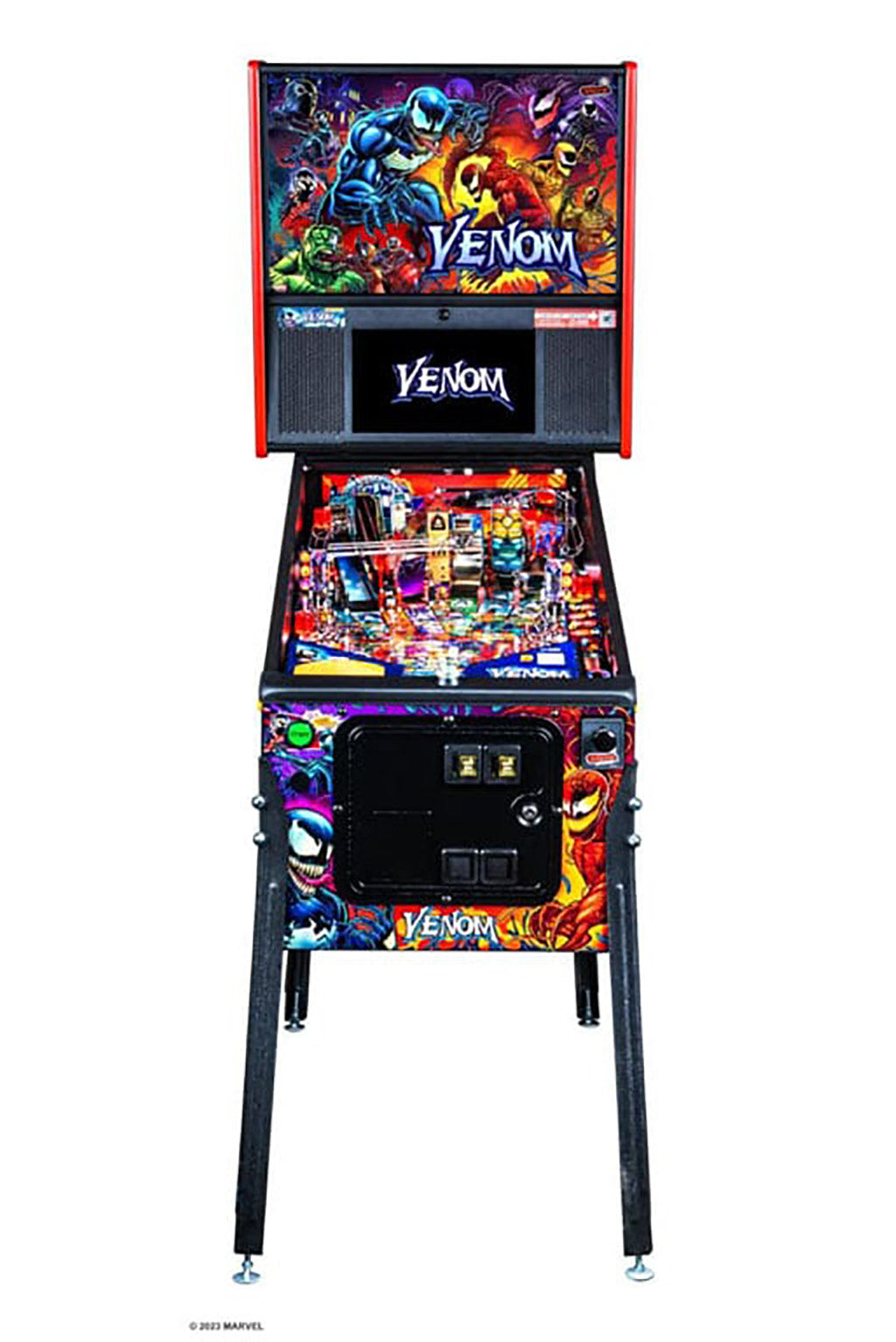 Pinball machine themed after the character Venom with colorful artwork on a white background.