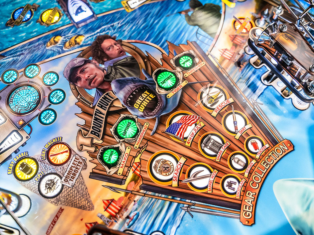 Close-up of a pinball machine with detailed artwork and Jaws characters