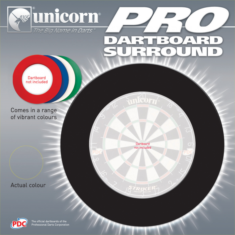 Unicorn Pro Dartboard Surround packaging with dartboard and colorful rings on a gray background