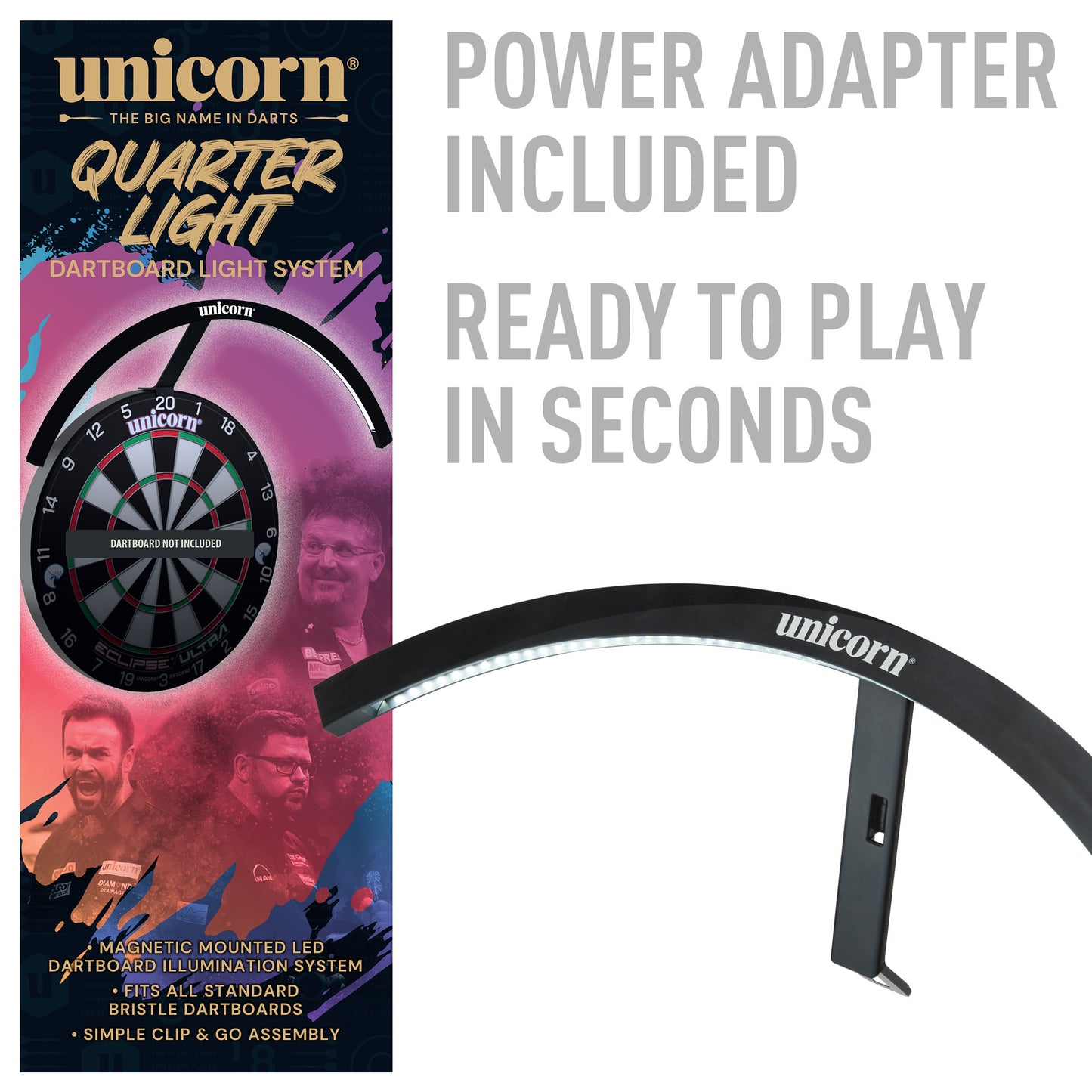 Unicorn dartboard light system with packaging and power adapter included.