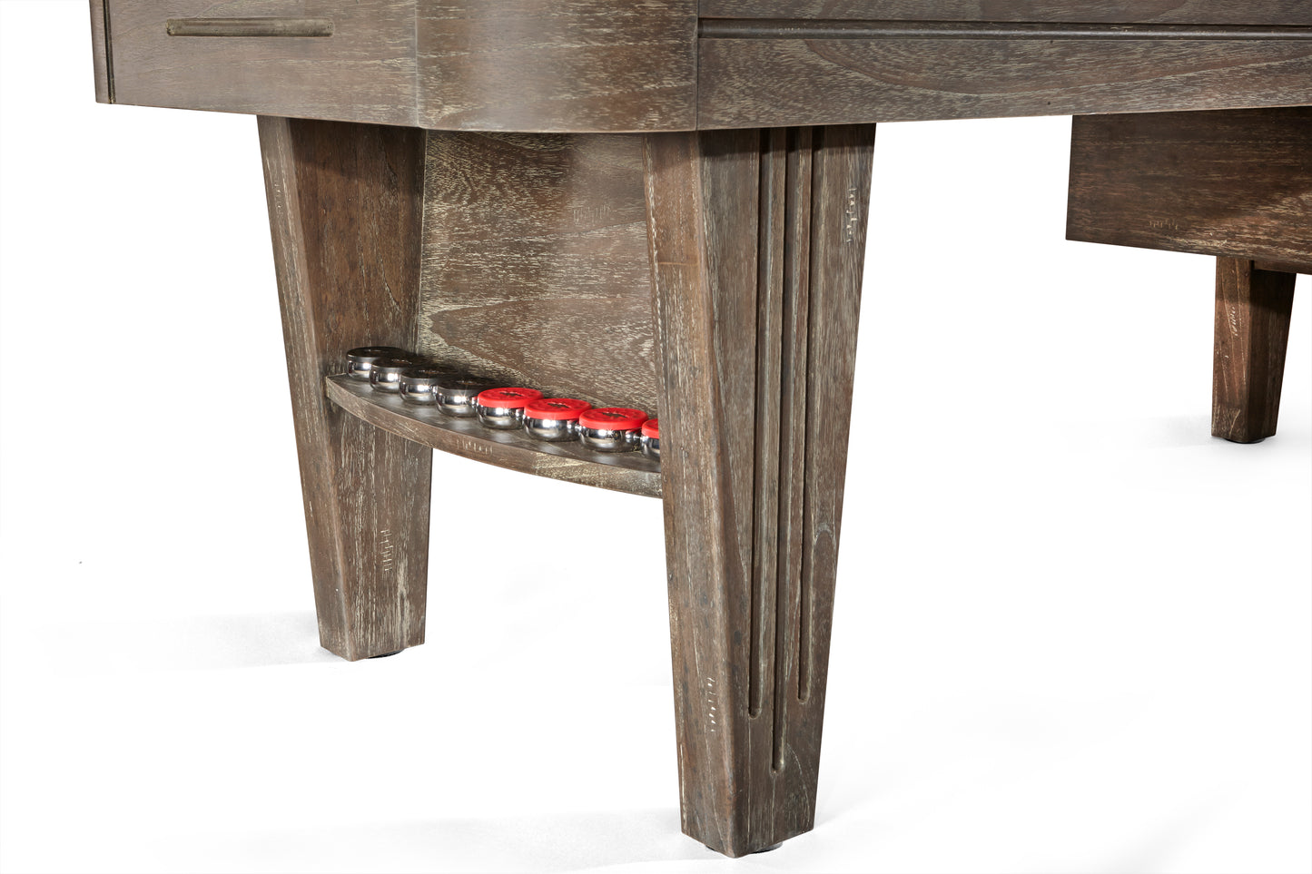 Wooden shuffleboard table with cue rack on a white background