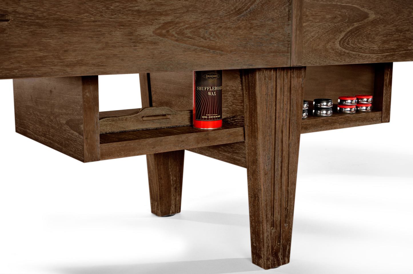 Wooden shuffleboard table with storage compartments on a white background