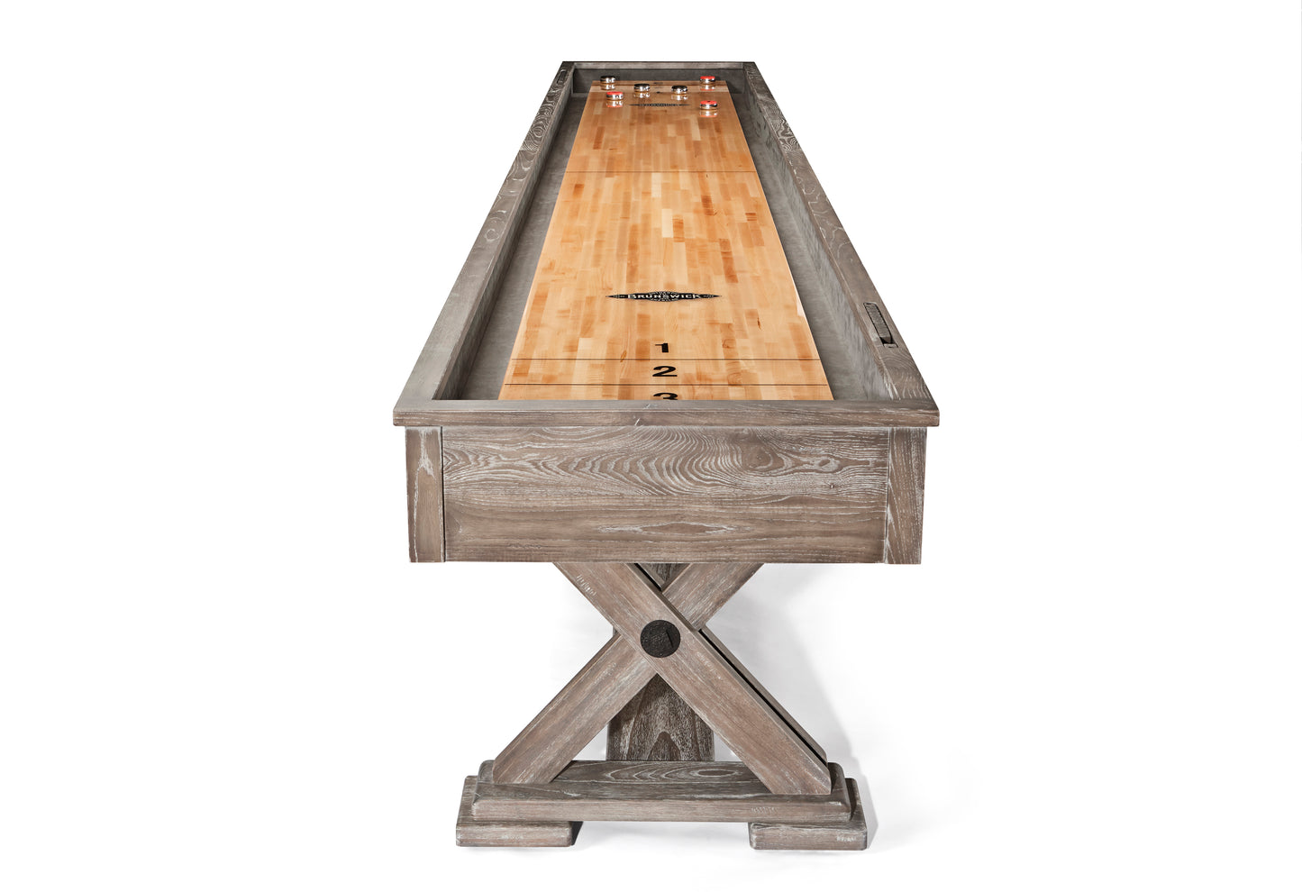 Wooden shuffleboard table on a white background