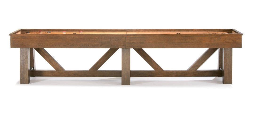 Wooden shuffleboard table with a rustic design on a white background