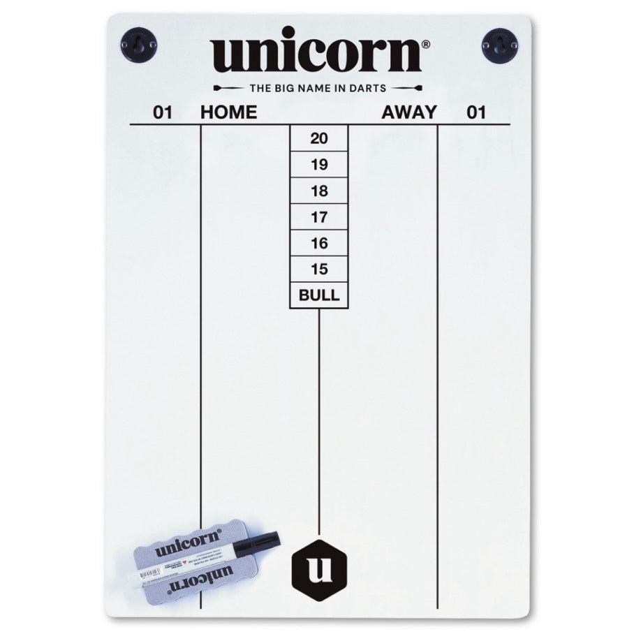 Unicorn brand dart scoreboard with a white surface showing columns for 'HOME' and 'AWAY' with numbers from 01 to 20 and 'BULL'. It also shows a magnetic wiper park with a marker pen.