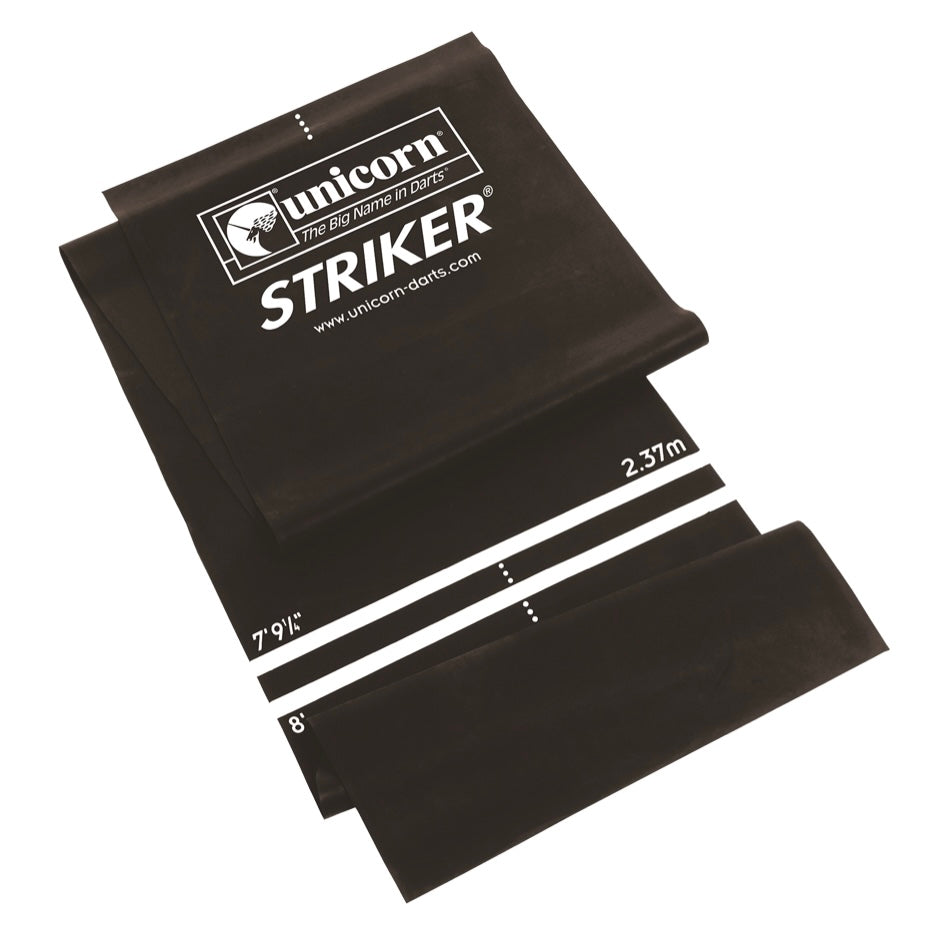 A black Unicorn Striker dart mat with the brand logo visible at the top and markings indicating the international throwing line and 8ft line.
