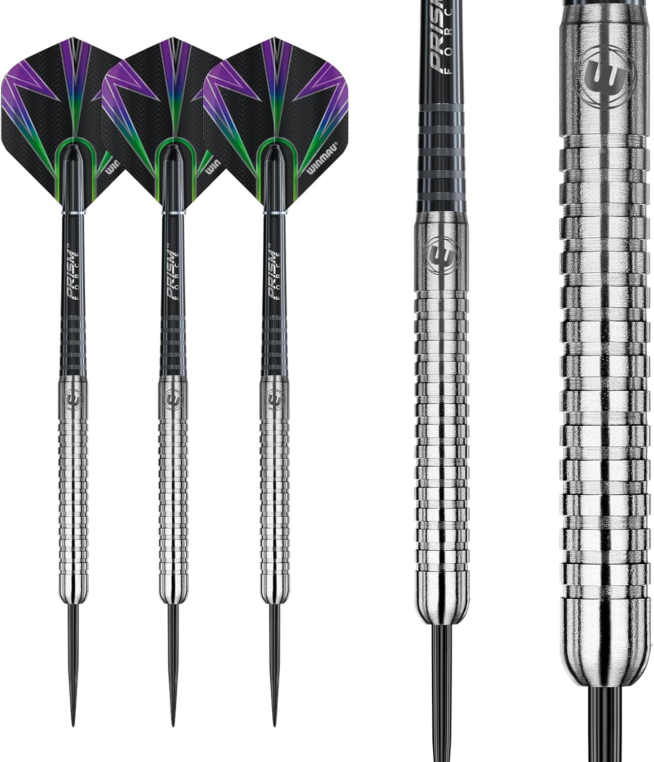 Three darts with purple and green flight and a silver shaft on a white background.