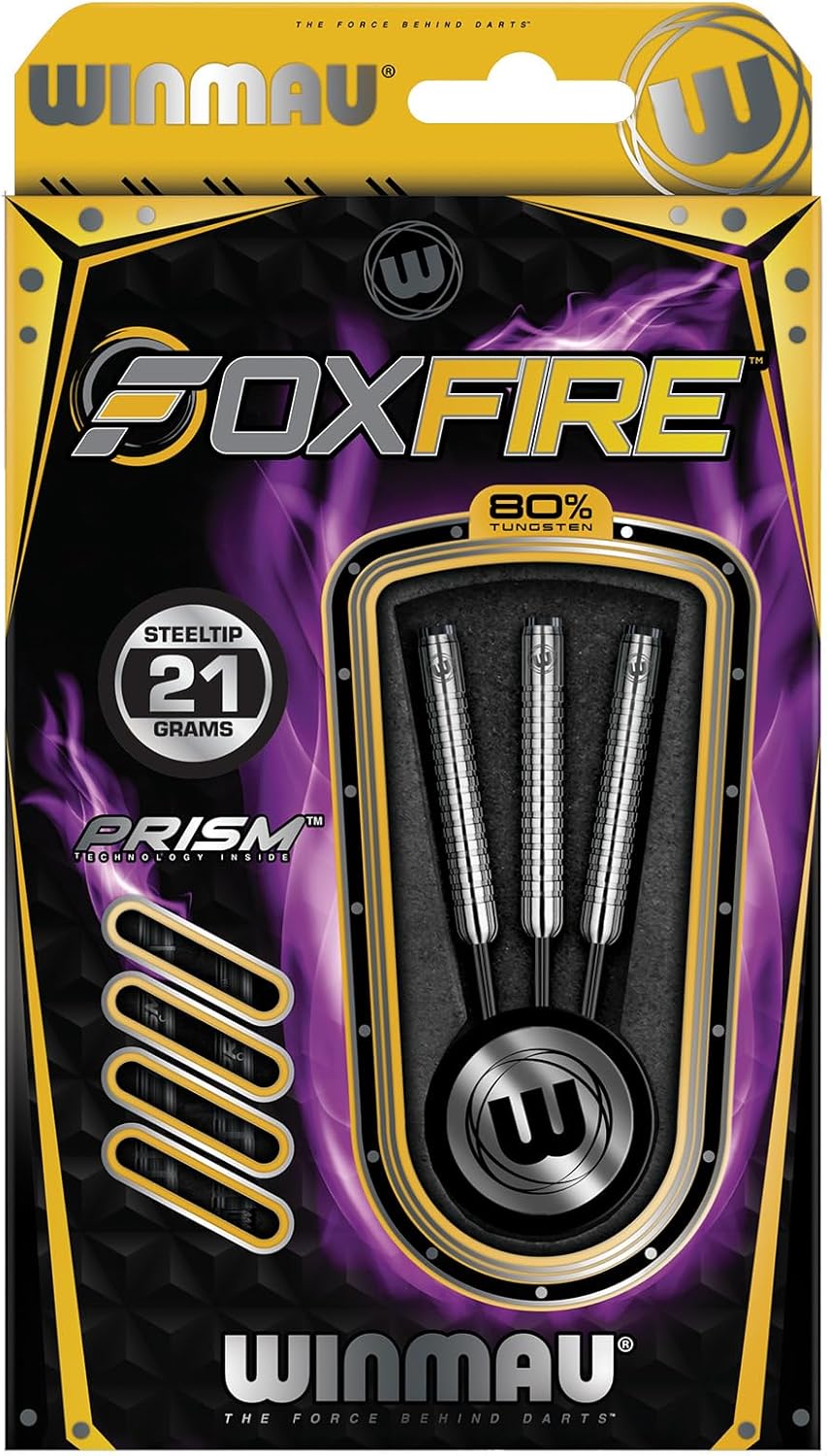 Winmau Foxfire dart packaging with darts inside on a purple and yellow background