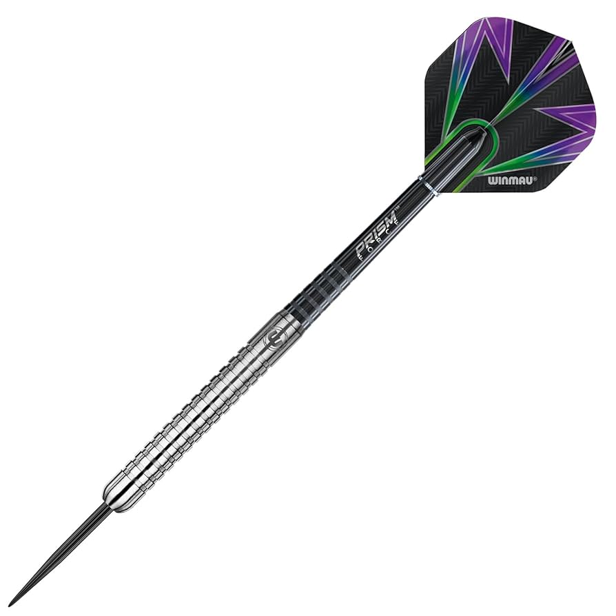 Dart with a black and purple flight on a white background