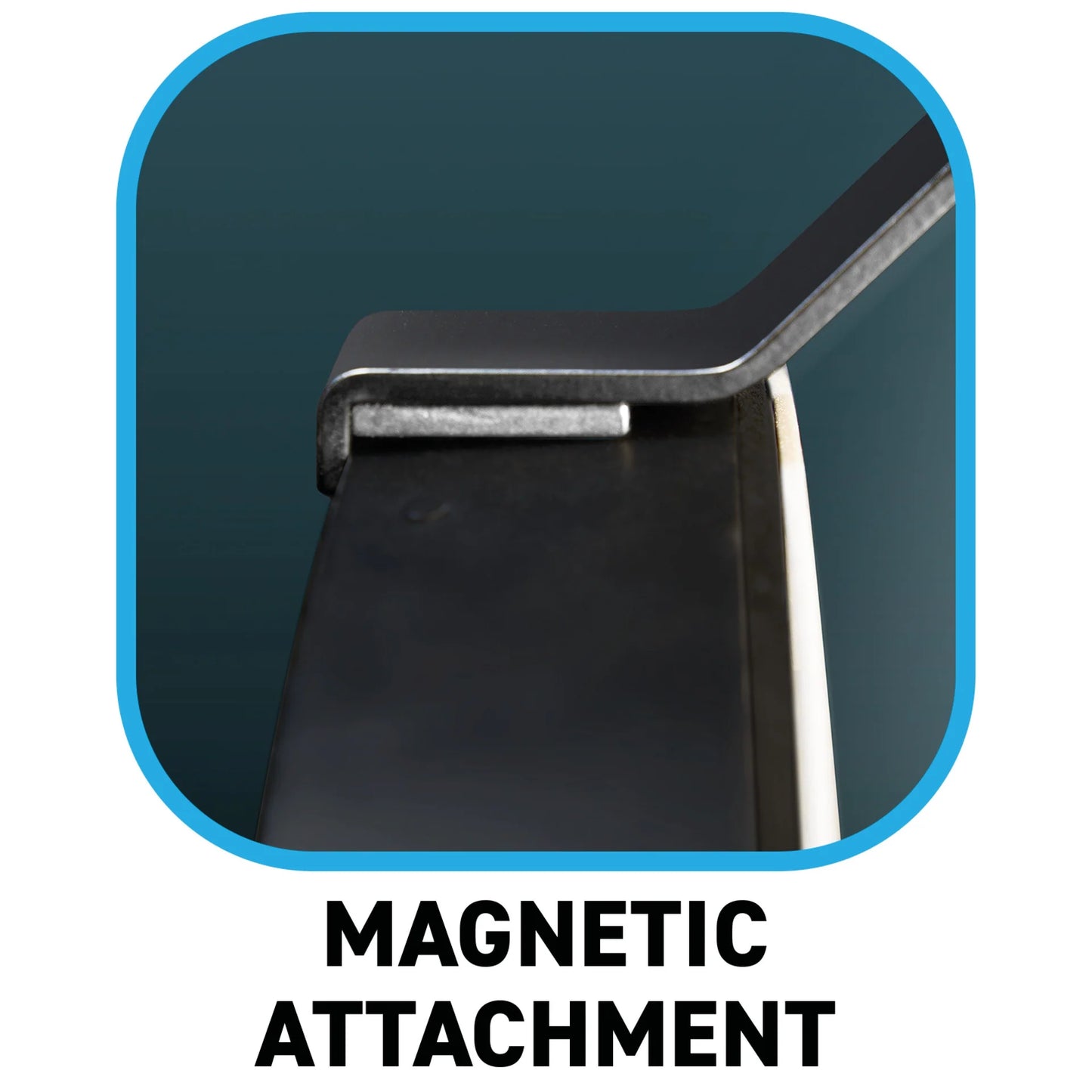 Magnetic attachment feature with a blue border on a white background
