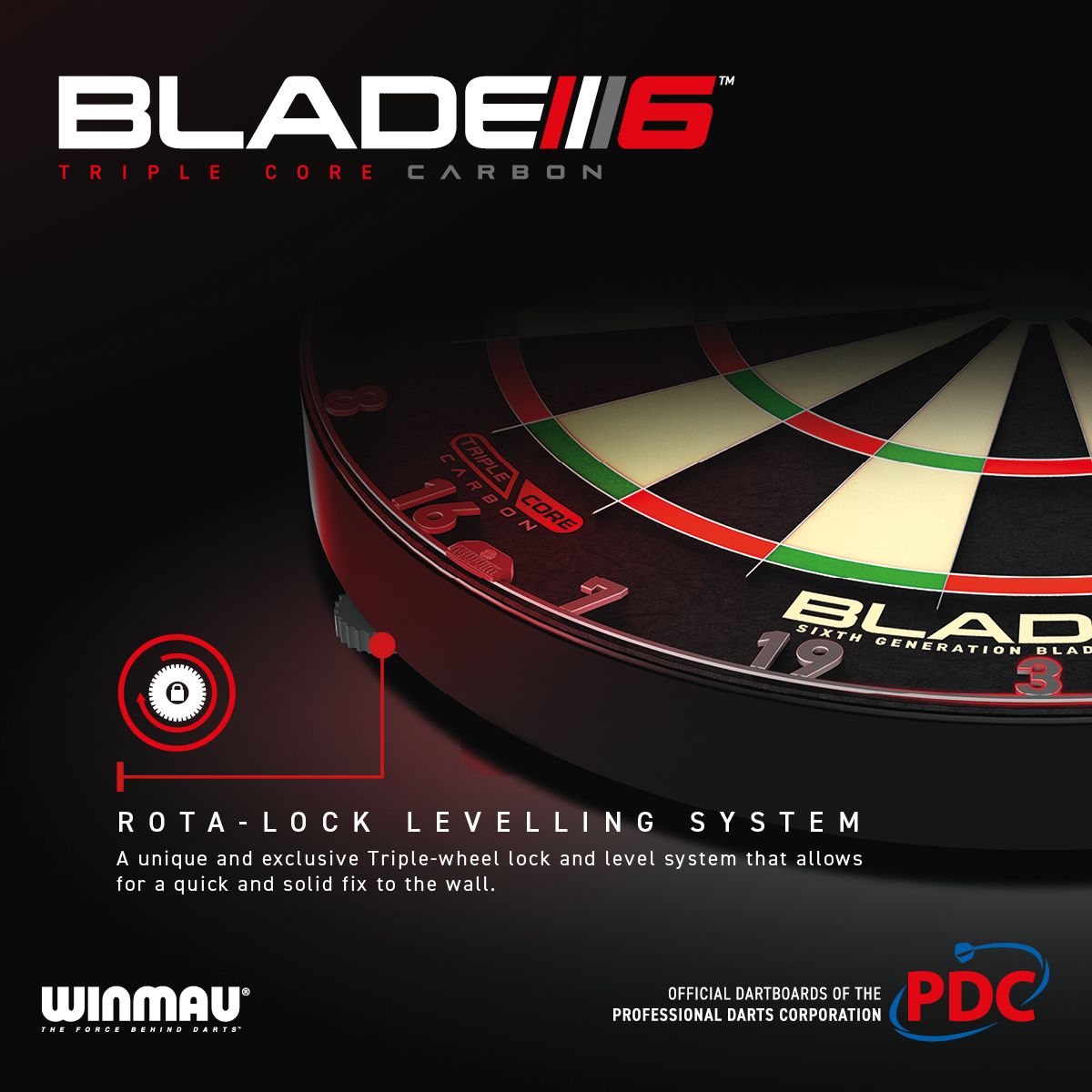 Winmau Blade 6 dartboard with branding and product features on a dark background