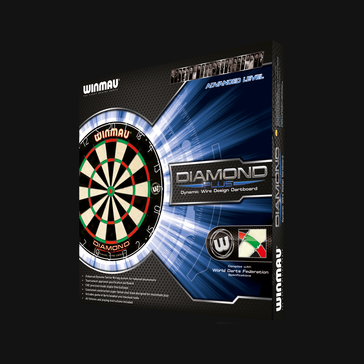 Winmau Diamond dartboard packaging on a black background