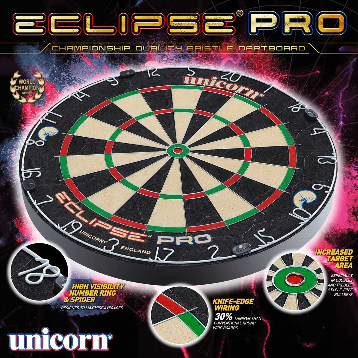 Unicorn Eclipse Pro dartboard with branding and product features on a dark background