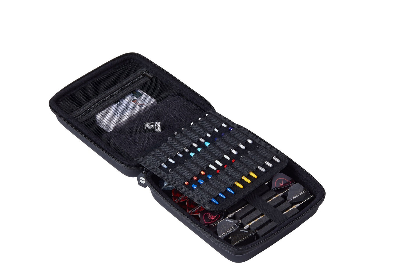 Black case with colorful darts on a white background