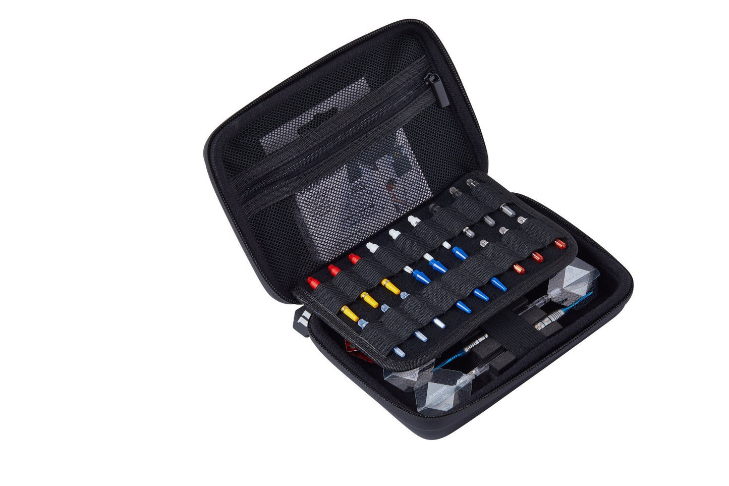 Black case with colorful darts on a white background