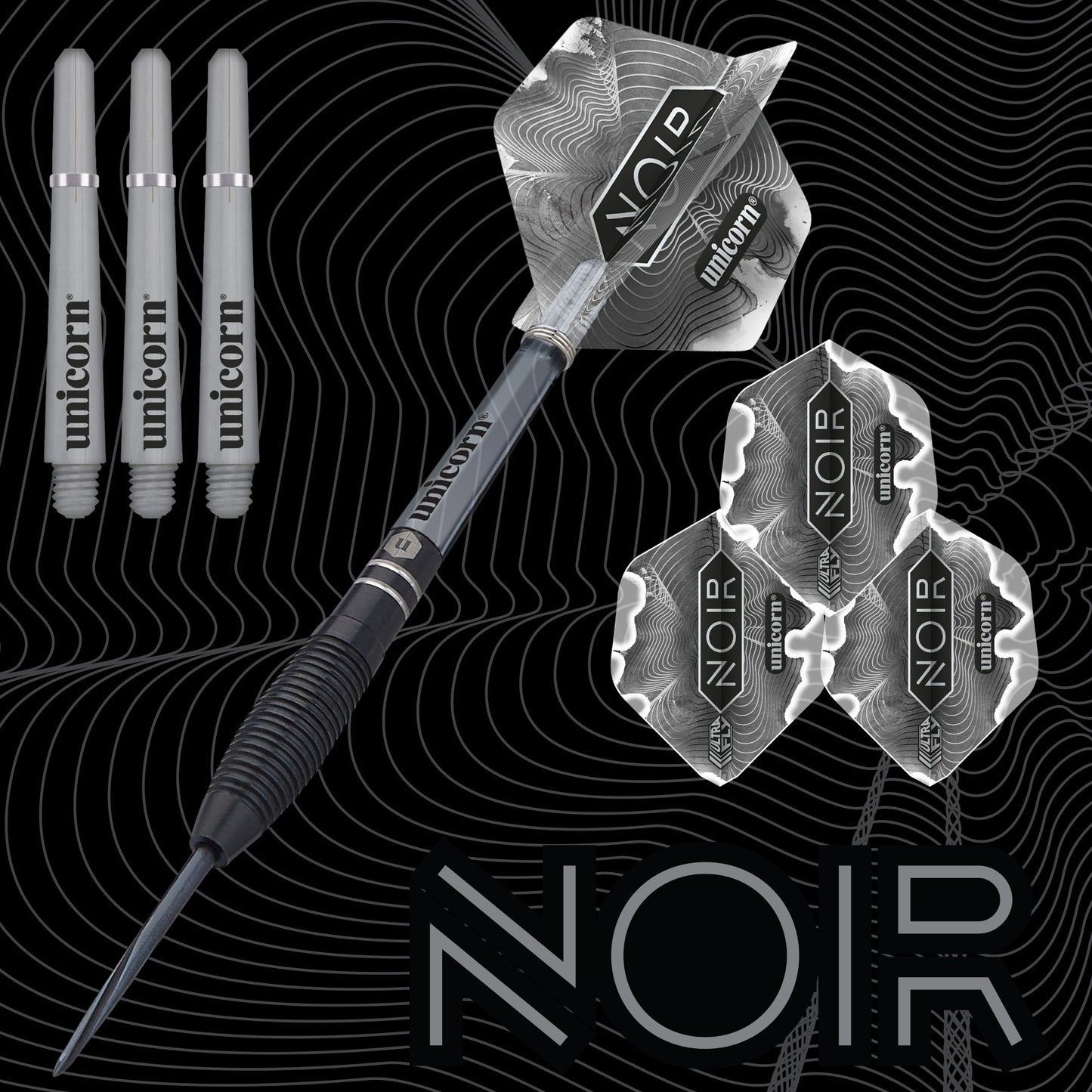 Unicorn Noir darts with dart flights on a black and white background