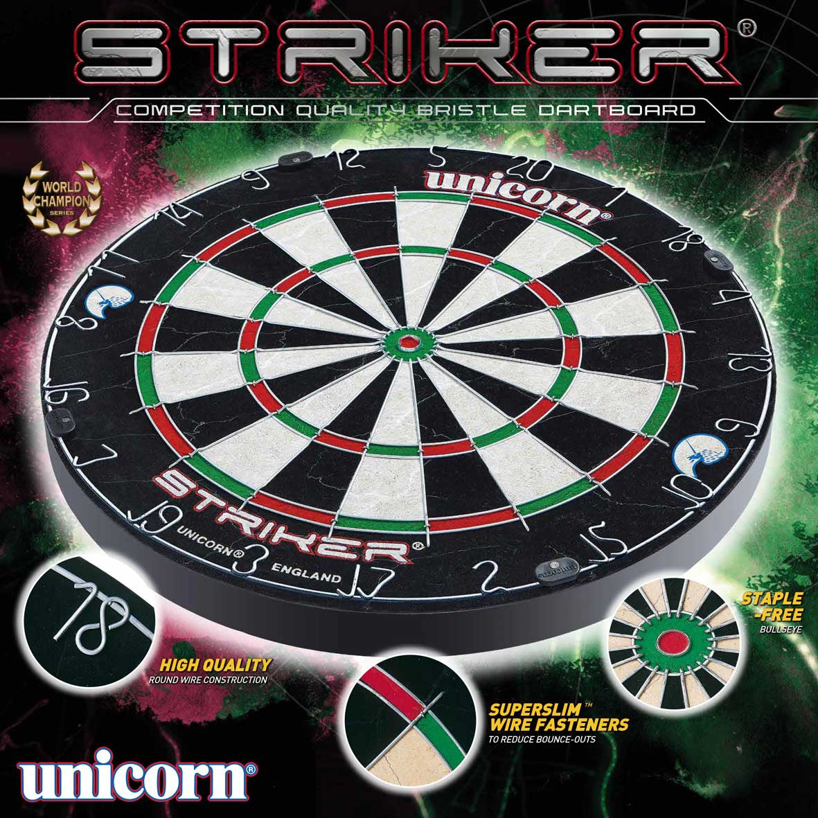 Unicorn Striker dartboard with branding and product features on a dark background