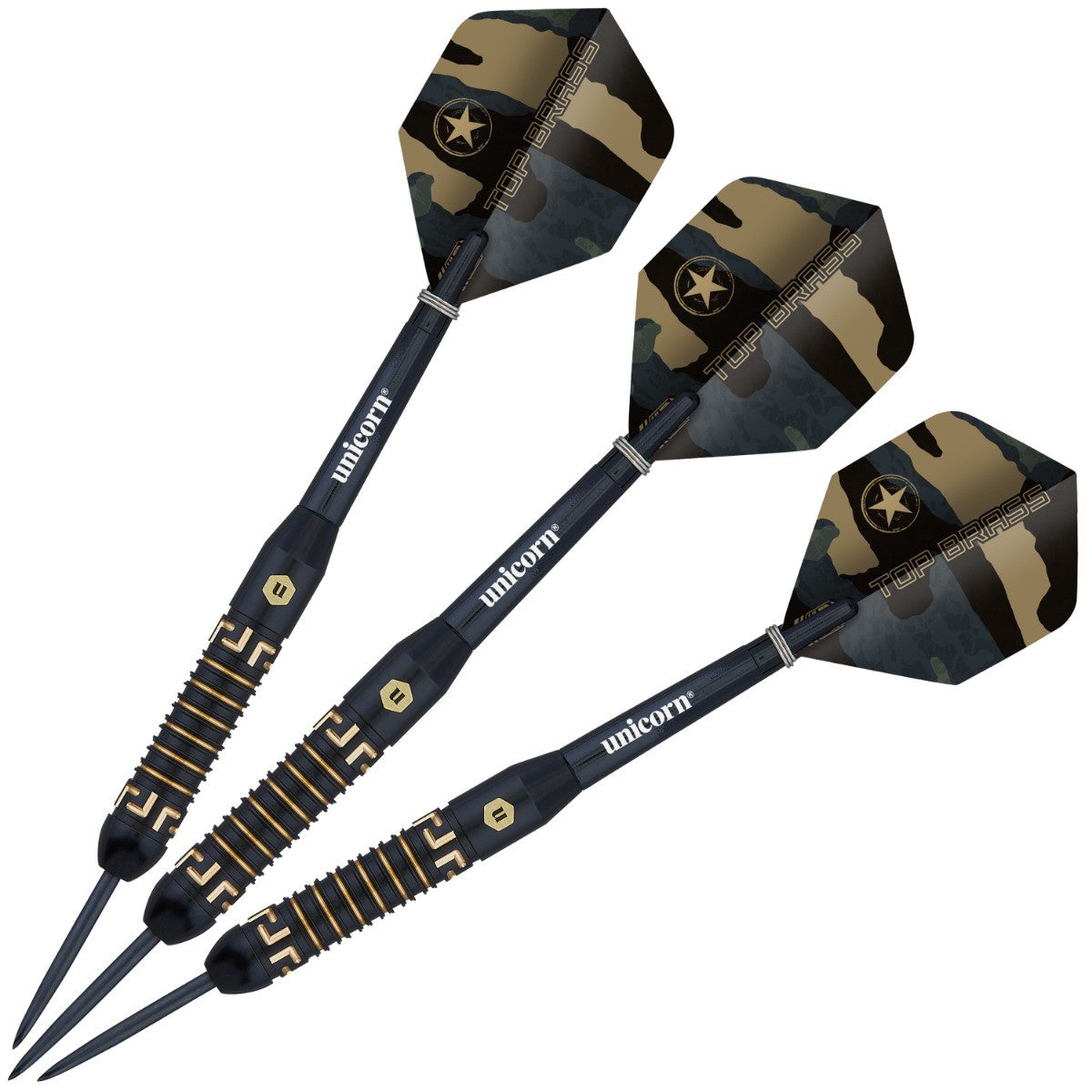 Three black and gold darts with 'unicorn' branding on a white background