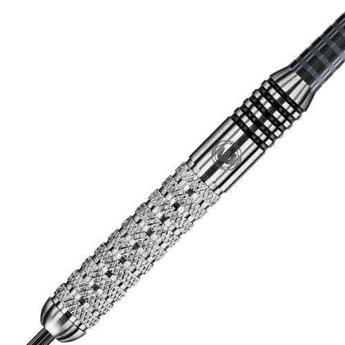 Close-up of a metallic dart with textured grip on a white background