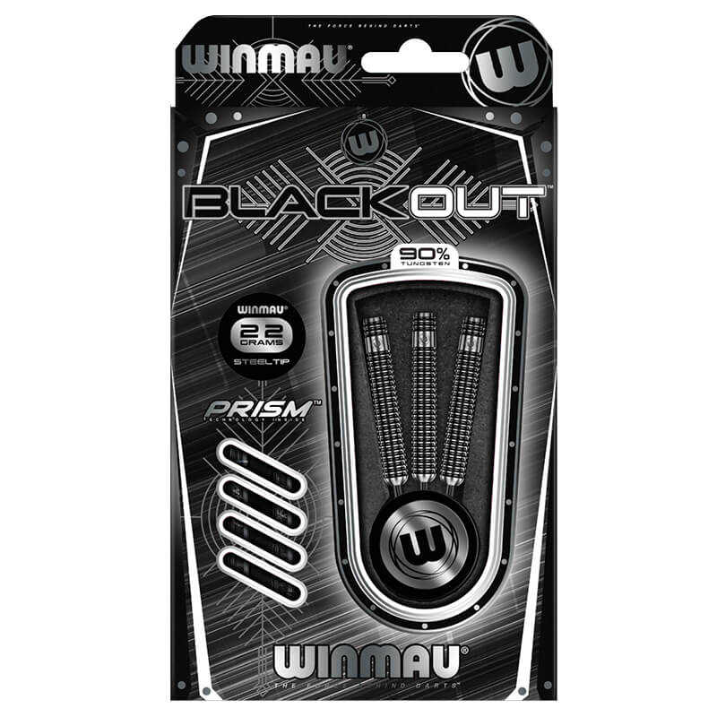 Winmau Blackout dart packaging with darts inside on a white background