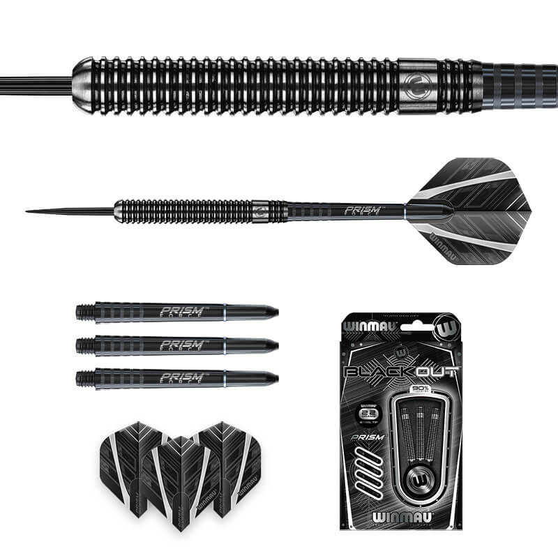 Winmau Prism black and silver darts with packaging on a white background. 