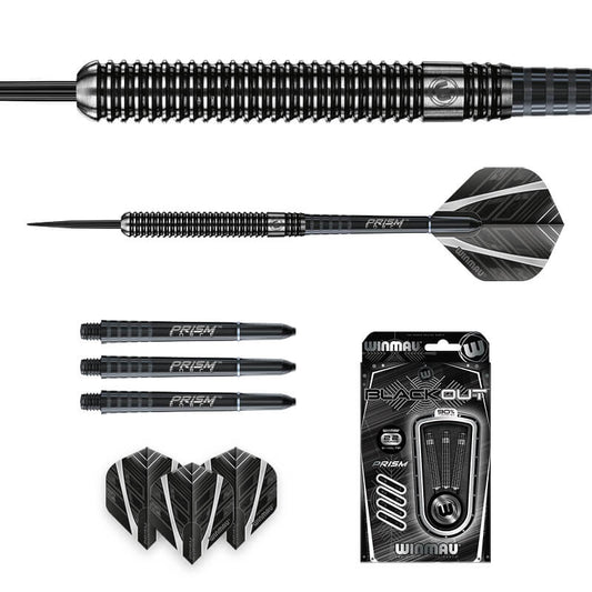Winmau Prism black and silver darts with packaging on a white background. 