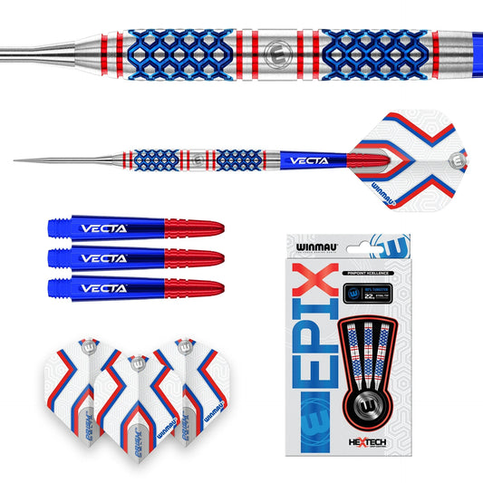 Darts set with blue, red, and white design on a white background
