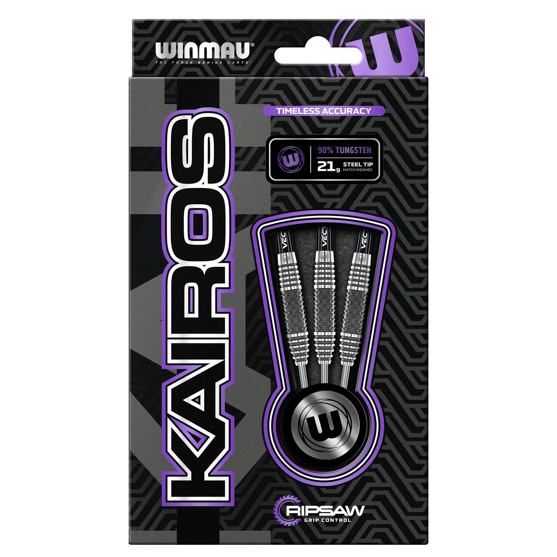 Winmau Kairos Ripsaw darts packaging with purple and black design.
