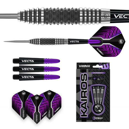 Winmau Vecta darts with purple flights and packaging on a white background