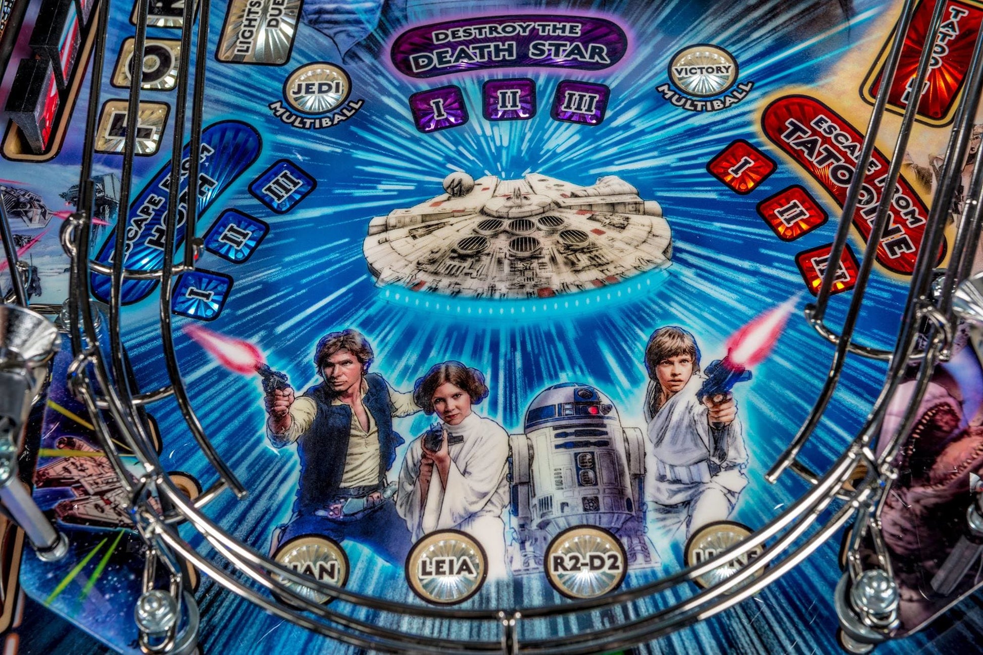 Pinball machine with Star Wars-themed artwork featuring characters and the Death Star.
