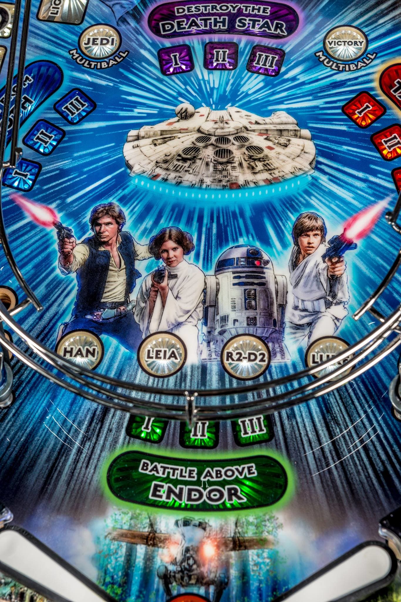 Star Wars-themed pinball machine with characters and elements from the franchise.