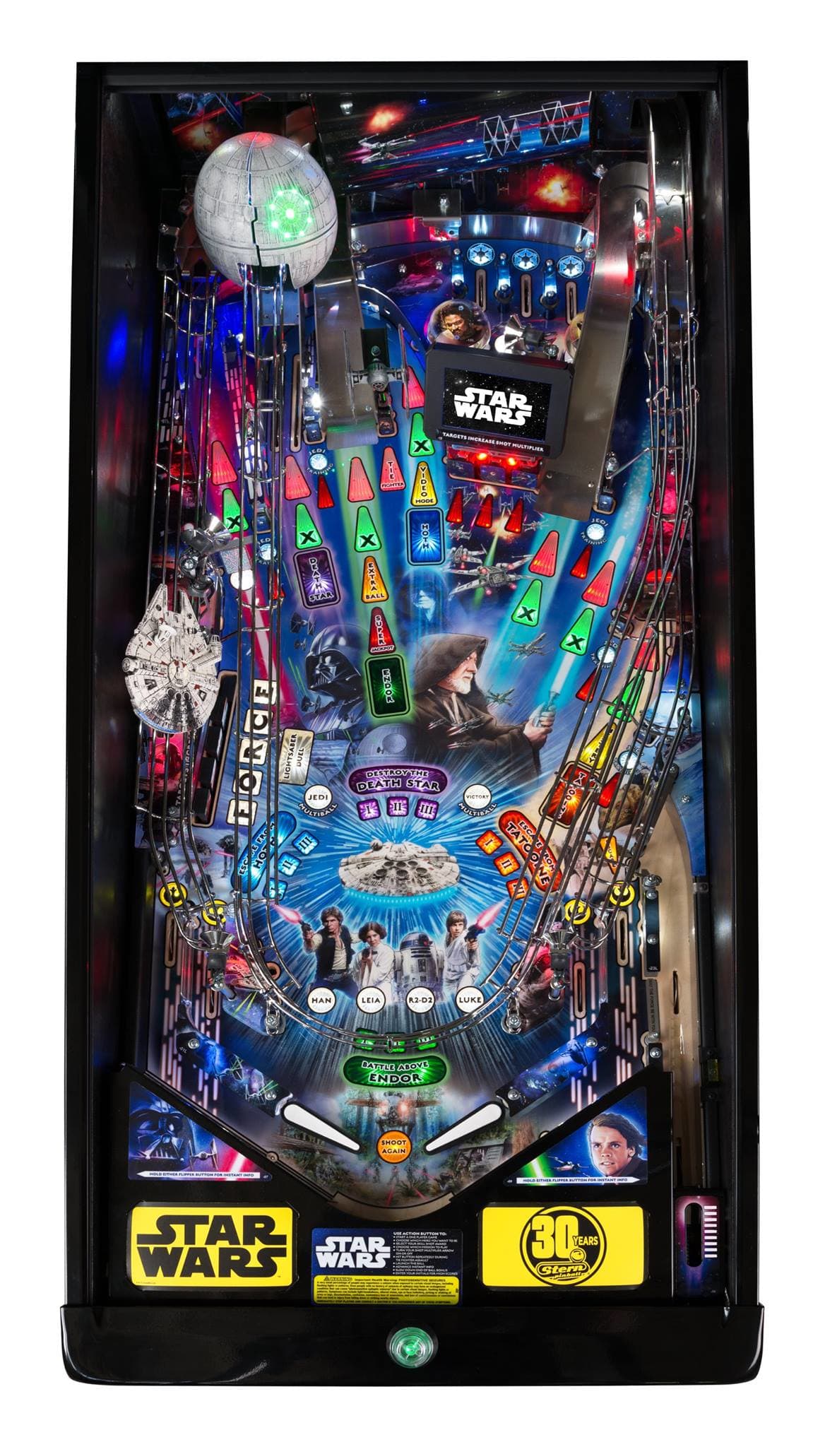 Star Wars pinball machine with colorful lights and characters on a black background