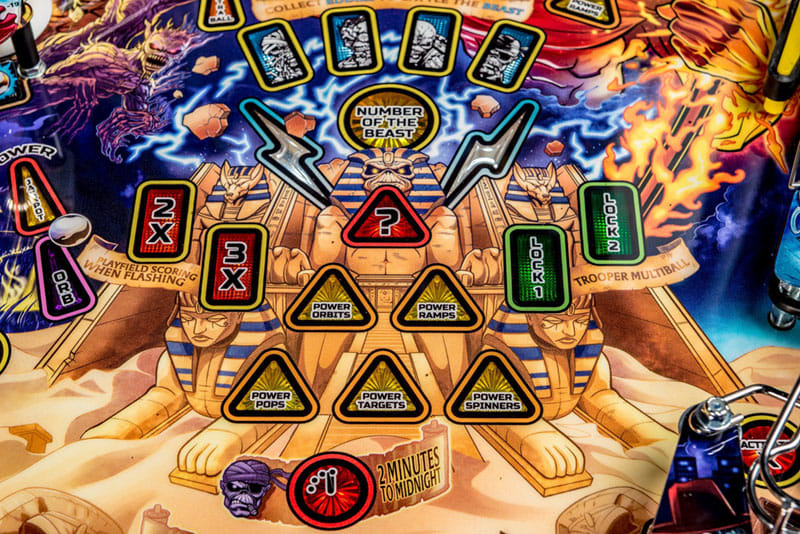 Pinball machine with various symbols and text on a colorful background