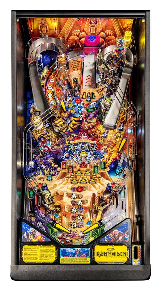 Pinball machine with colorful design and 'Iron Maiden' branding