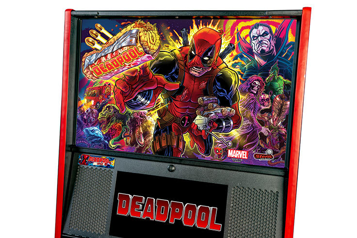 Pinball machine with Deadpool artwork on a white background