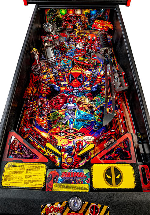 Pinball machine with Deadpool theme on a black background