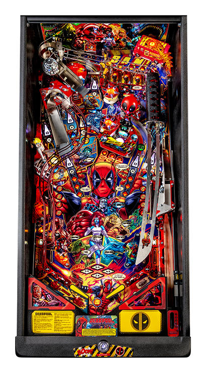Pinball machine with colorful design featuring Deadpool characters and elements.