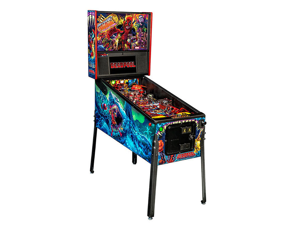 Deadpool Pinball machine with colorful design on a white background